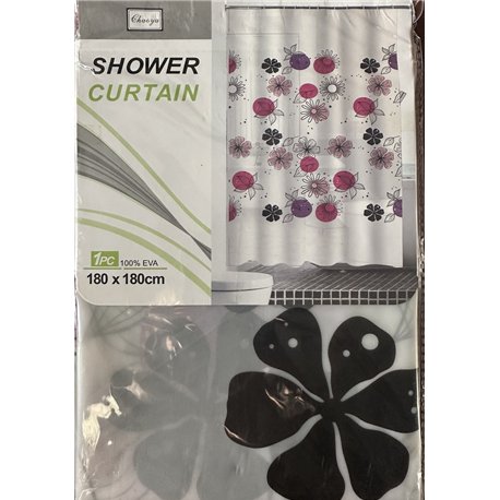 Штора 60086 силикон 180х180 Цветы черные+круги